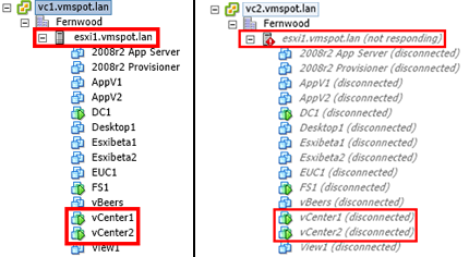vCenter 1 Connected, vCenter 2 Disconnected
